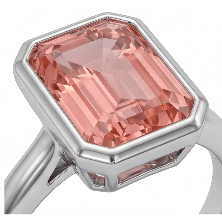 Bague Solitaire Lunette Saphir Pêche Padparadscha Naturel Taille Émeraude 2,5 Carats en Or Blanc 14 Carats