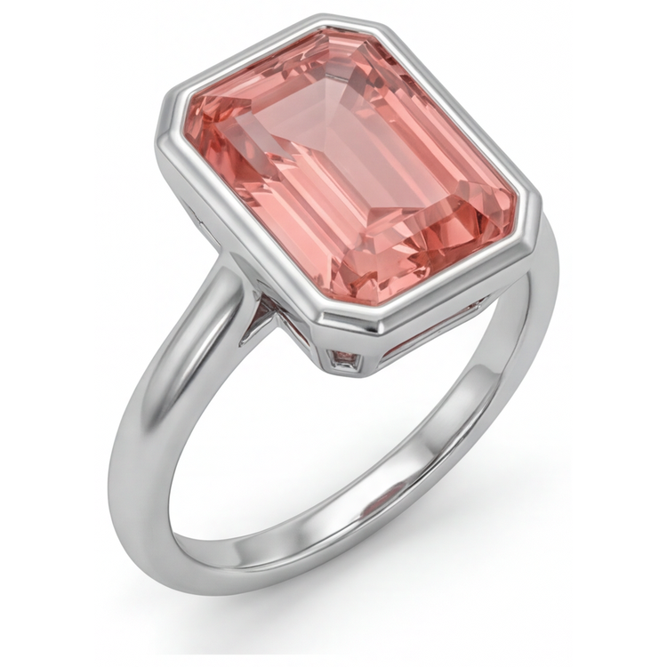 Bague Solitaire Lunette Saphir Pêche Padparadscha Naturel Taille Émeraude 2,5 Carats en Or Blanc 14 Carats