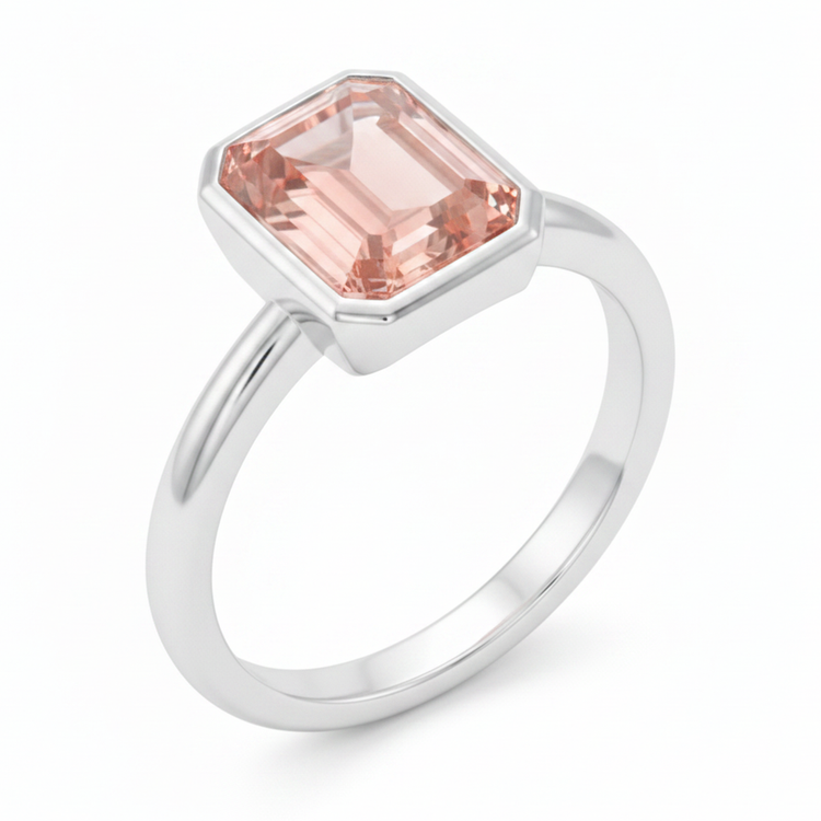Bague Solitaire Lunette Saphir Padparadscha Véritable Couleur Pêche 2,5 Carats Taille Émeraude en Or Blanc 14K