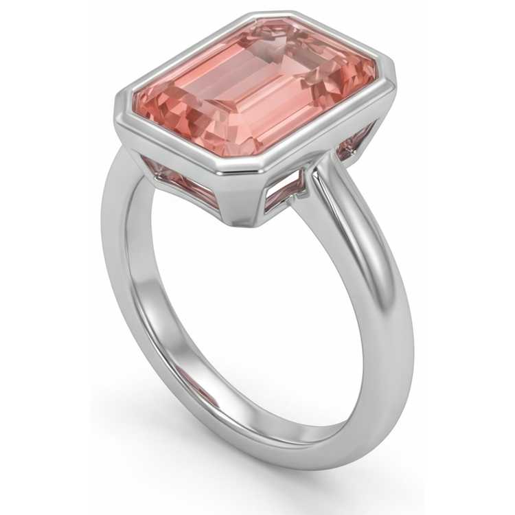 Bague Solitaire Lunette en Or Blanc 14 Carats avec Saphir Padparadscha Naturel Taille Émeraude Couleur Pêche 2,5 Carats