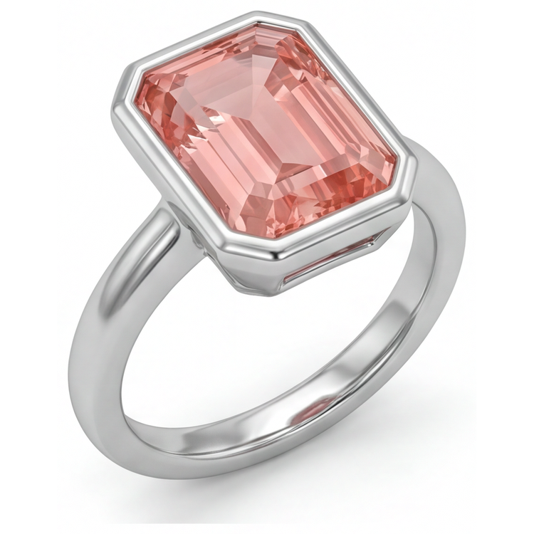 Bague Solitaire Lunette en Or Blanc 14 carats avec Saphir Padparadscha Naturel Couleur Pêche Taille Émeraude 2,5 Carats