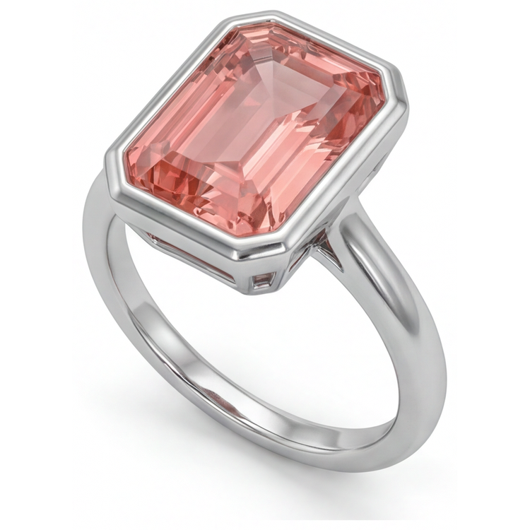 Bague Solitaire Lunette Saphir Pêche Padparadscha Naturel Taille Émeraude 2,5 Carats en Or Blanc 14 Carats