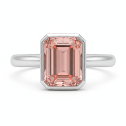 Bague Solitaire à Lunette en Or Blanc 14 Carats avec Saphir Padparadscha Véritable Couleur Pêche 2,5 Carats Taille Émeraude