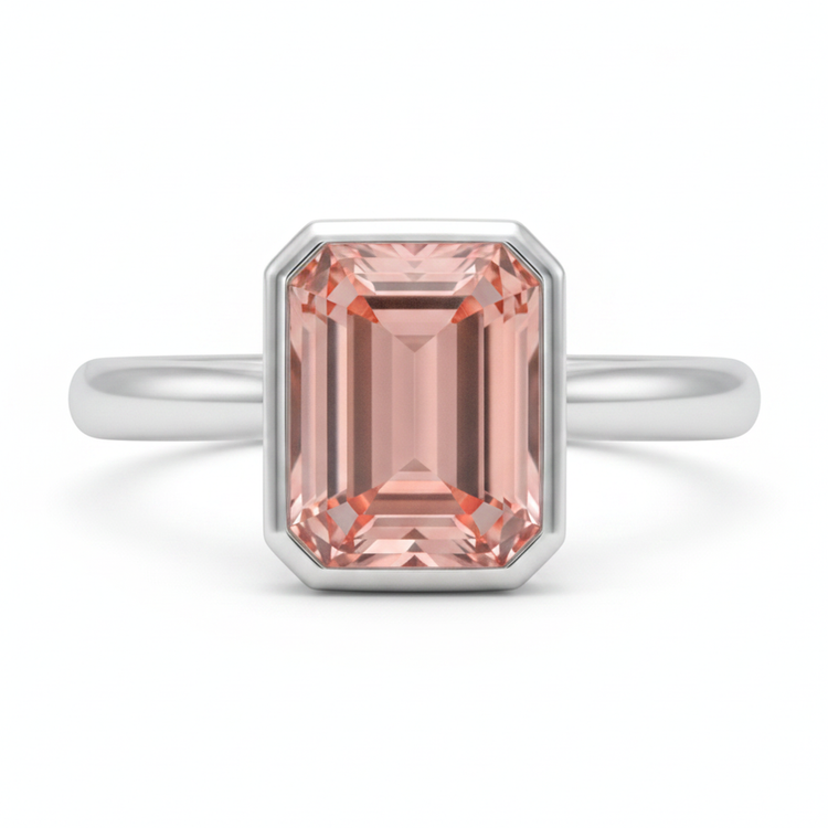 Bague Solitaire Lunette Saphir Padparadscha Véritable Couleur Pêche 2,5 Carats Taille Émeraude en Or Blanc 14K