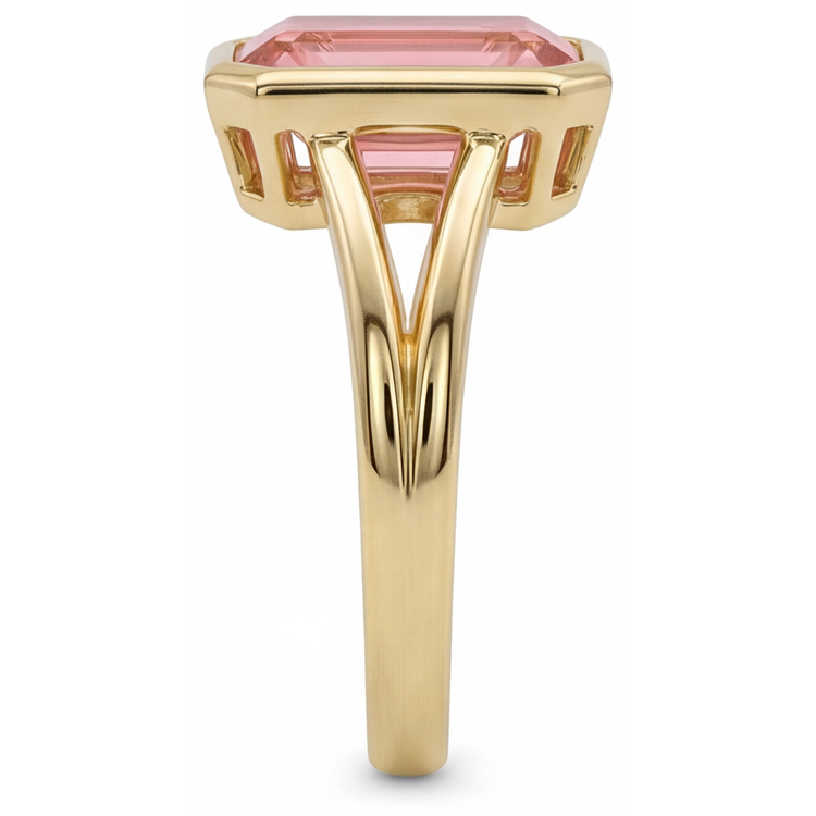 Bague en Or Jaune 14K, Saphir Padparadscha Pêche Naturel 3 Carats Taille Émeraude, Lunette et Anneau Fendu