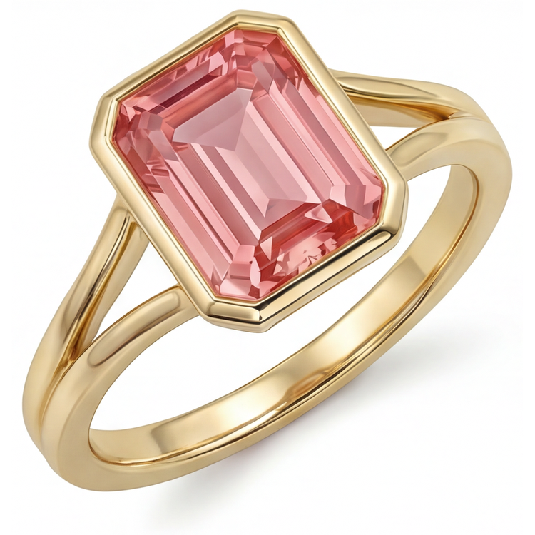 Bague en Or Jaune 14K, Saphir Padparadscha Pêche Naturel 3 Carats Taille Émeraude, Lunette et Anneau Fendu