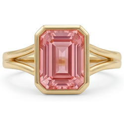 Bague en Or Jaune 14K, Saphir Padparadscha Pêche Naturel 3 Carats Taille Émeraude, Lunette et Anneau Fendu
