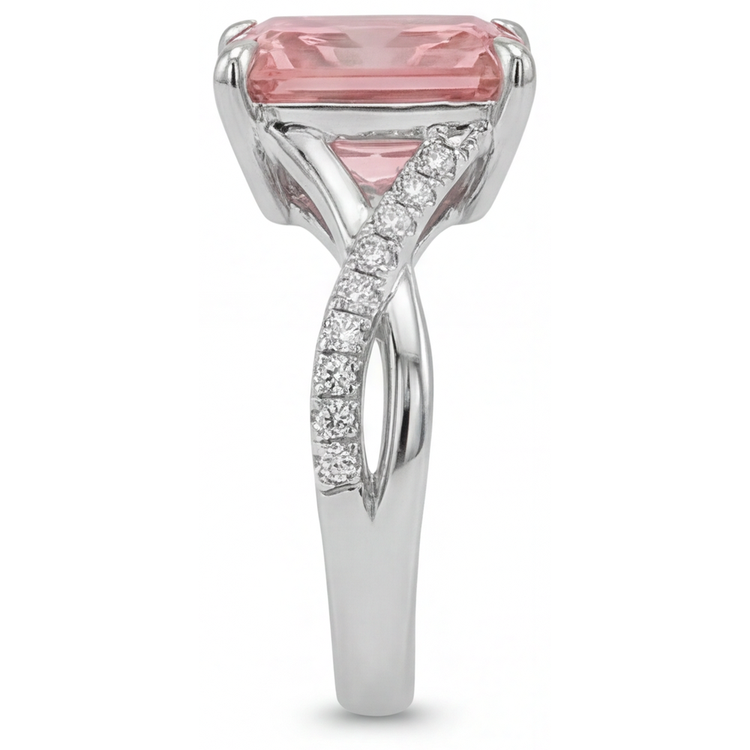 Bague croisée en or blanc 14 carats, saphir padparadscha couleur pêche 3,3 carats et émeraude véritable