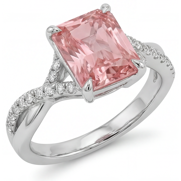 Bague croisée en Or Blanc 14K avec saphir padparadscha couleur pêche de 3,3 carats et émeraude véritable