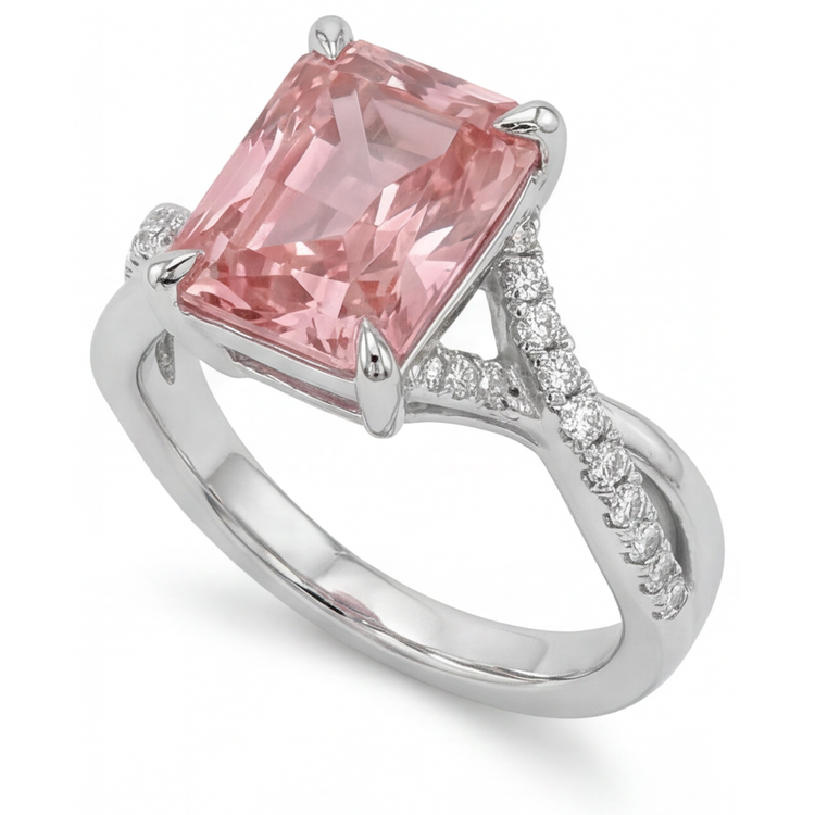 Bague croisée en or blanc 14 carats, saphir padparadscha couleur pêche 3,3 carats et émeraude véritable