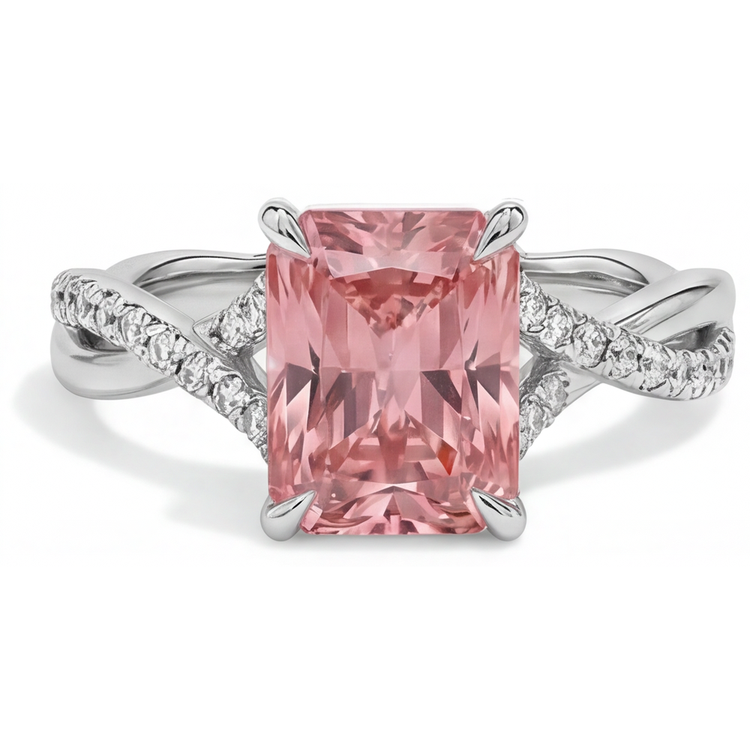 Bague croisée en or blanc 14 carats, saphir padparadscha couleur pêche 3,3 carats et émeraude véritable