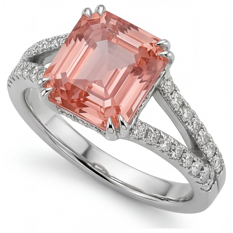 Bague ancienne en Or Blanc 14 carats, saphir Padparadscha 3,3 carats, émeraude véritable et anneau fendu