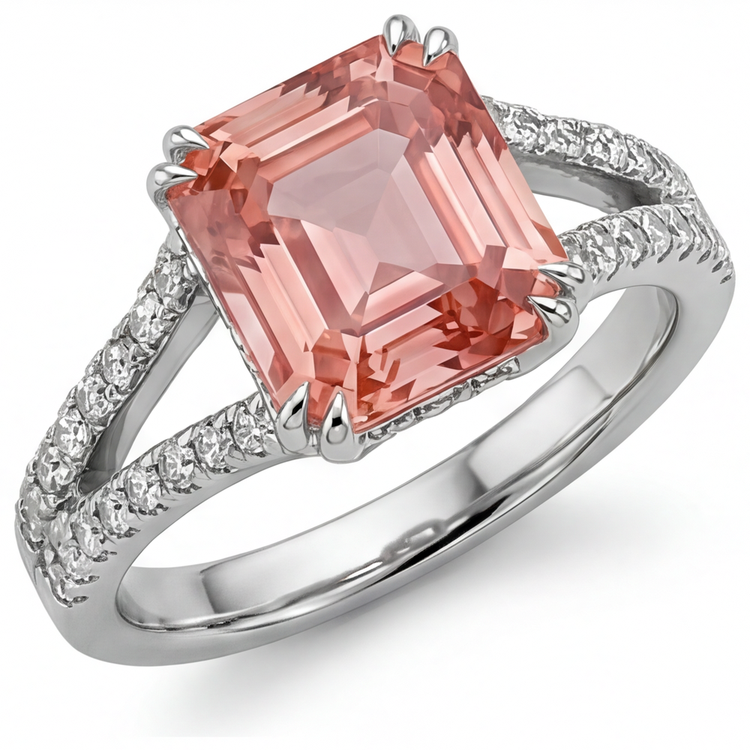 Bague ancienne en Or Blanc 14 carats, saphir Padparadscha 3,3 carats, émeraude véritable et anneau fendu