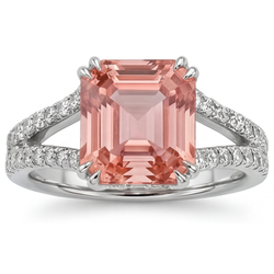 Bague ancienne en Or Blanc 14 carats, saphir Padparadscha 3,3 carats, émeraude véritable et anneau fendu