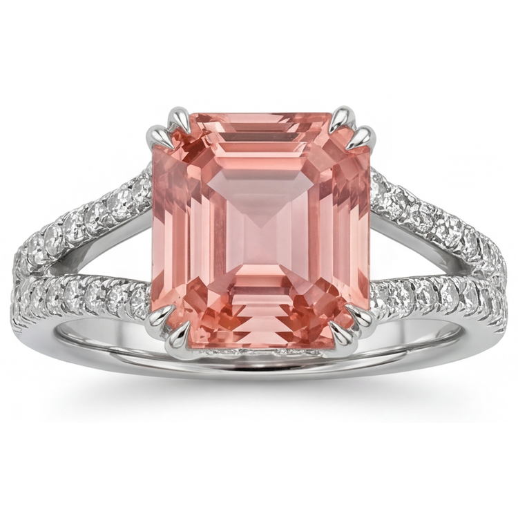 Bague ancienne en saphir Padparadscha 3,3 carats et émeraude véritable, corps fendu, Or Blanc 14 carats