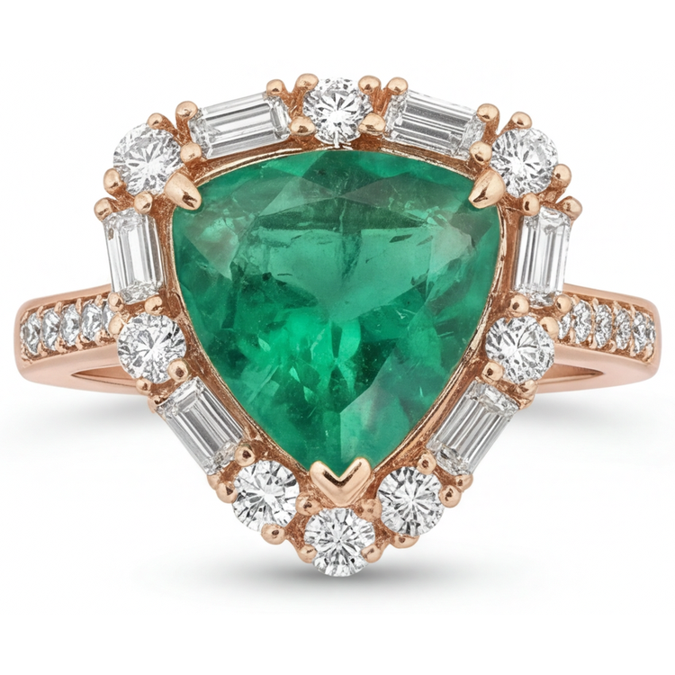 Émeraude Colombienne Bague de Fiançailles Halo 6 carats Or Rose 14 Carats – vue d'angle