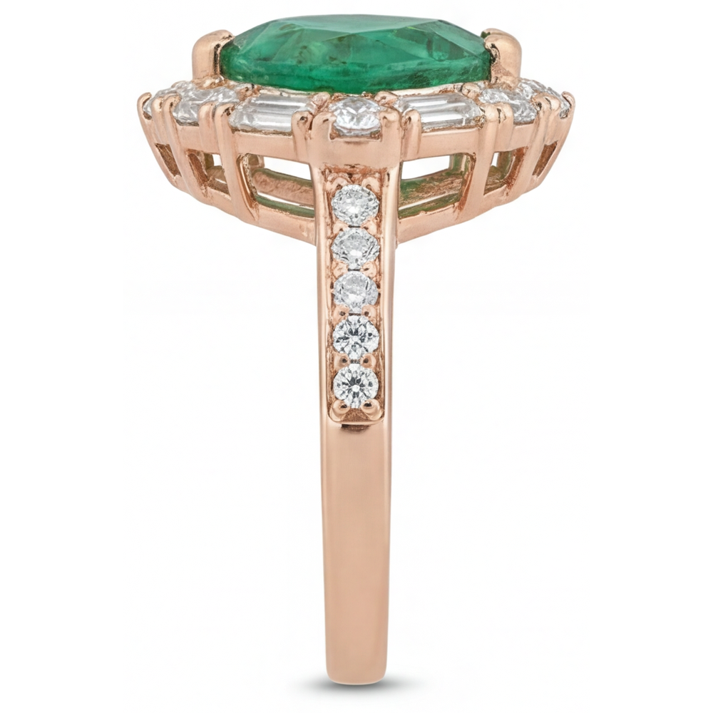 Bague de Fiançailles Halo Or Rose 14 Carats avec Émeraude Colombienne – vue de profil