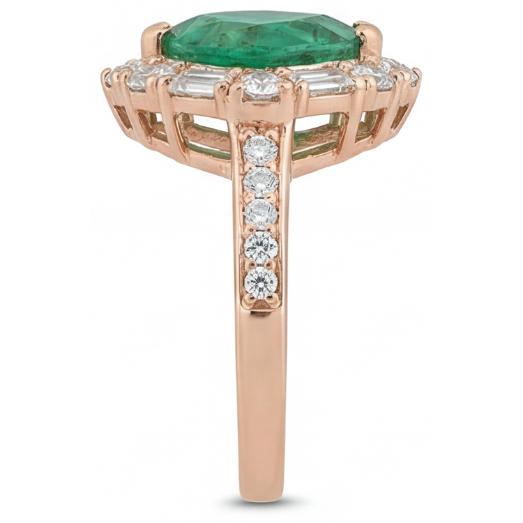 Bague de Fiançailles Halo Or Rose 14 Carats avec Émeraude Colombienne – vue de profil