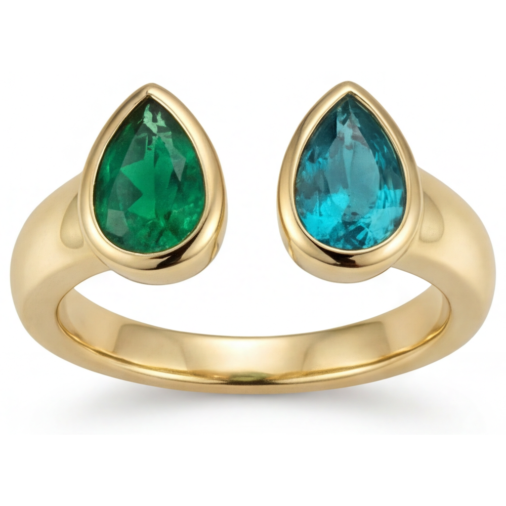 Goutte Émeraude Colombienne bague en Or 14K Jaune – vue de face