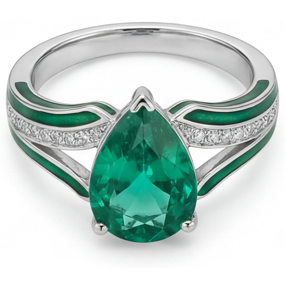 Bague Pierre Précieuse Or Blanc 14 Carats avec Émeraude Fine – vue de côté