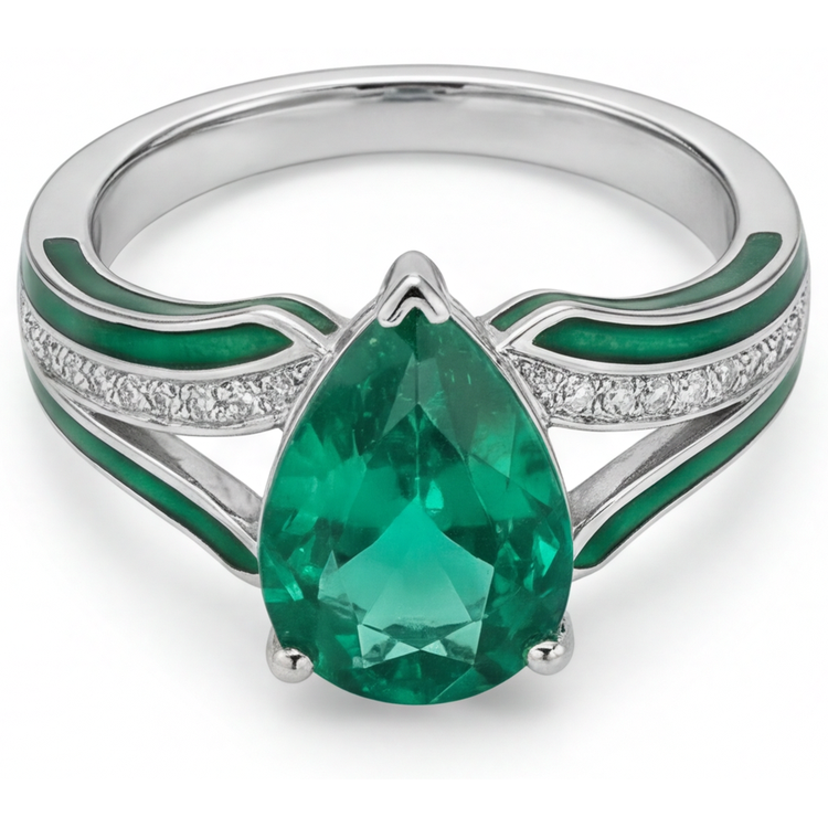 Bague Pierre Précieuse Or Blanc 14 Carats avec Émeraude Fine – vue de côté