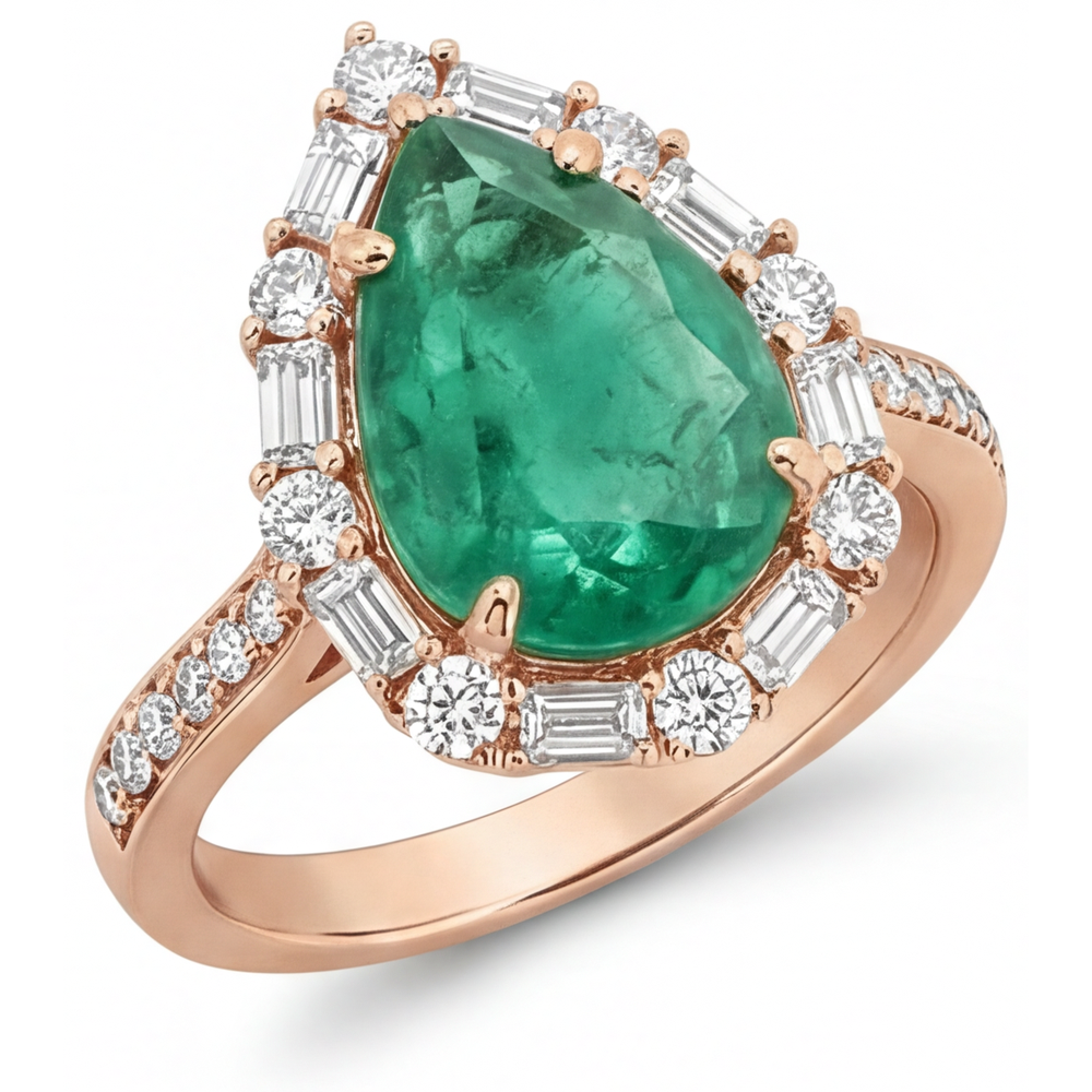Émeraude Fine Bague Sertie Halo 5 carats Or 14K Rose – vue de face