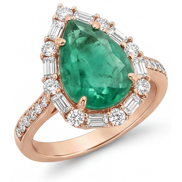 Émeraude Fine Bague Sertie Halo 5 carats Or 14K Rose – vue de face