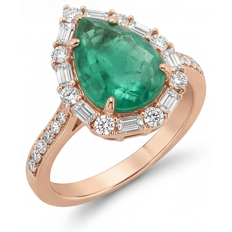 Émeraude Fine Goutte Bague Sertie Halo en Or 14K Rose – vue d'angle