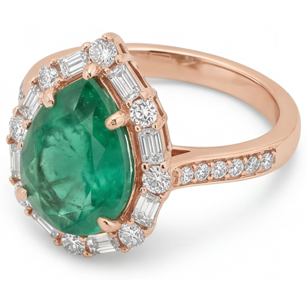 Émeraude Fine Bague Sertie Halo 5-carats Or 14K Rose – vue de profil