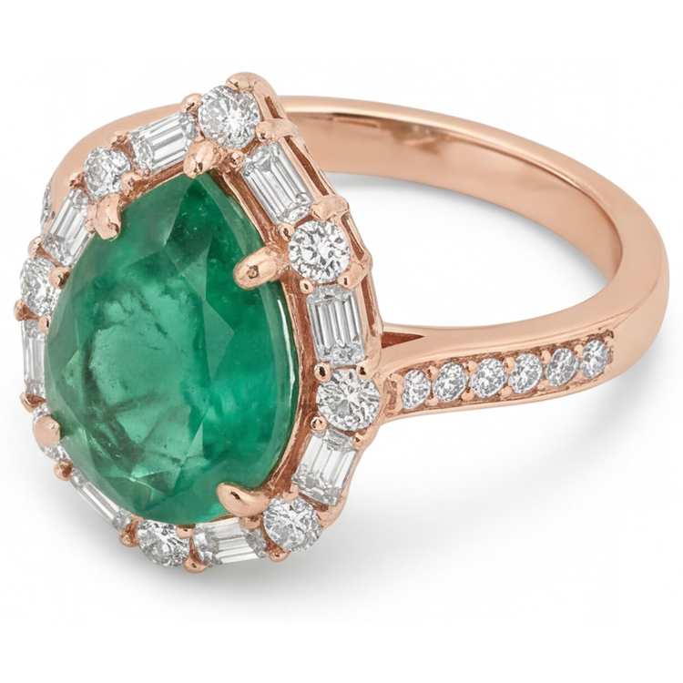Émeraude Fine Bague Sertie Halo 5-carats Or 14K Rose – vue de profil