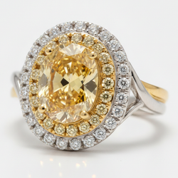 Bague de Fiançailles Pierre Précieuse Jaune Diamant Ovale Véritable Fantaisie Intense 1,01 Carat Double Halo Or 18 Carats
