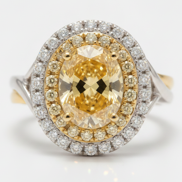 Bague de Fiançailles Pierre Précieuse Jaune Diamant Ovale Véritable Fancy Intense 1,01 Carat Double Halo Or 18 Carats