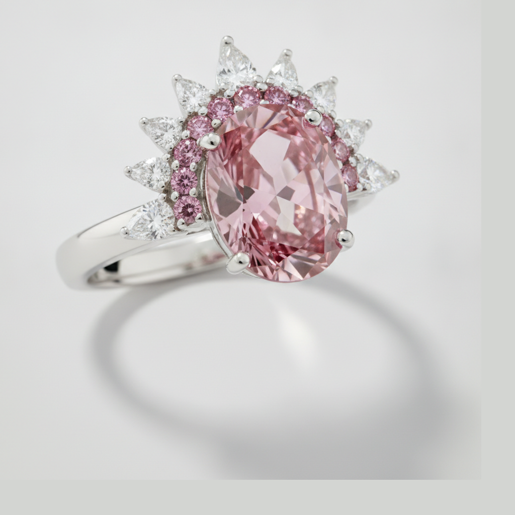 Bague de Fiançailles en Platine avec Pierre Précieuse Rose Ovale Véritable et Demi-Halo de Diamants Fantaisie
