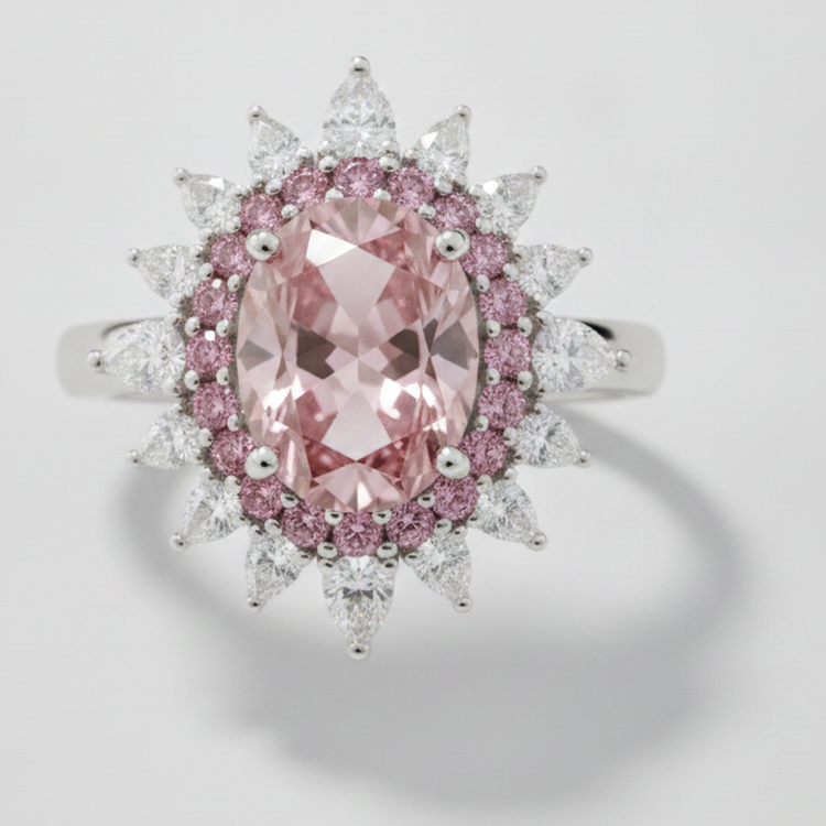 Bague de Fiançailles en Platine avec Pierre Précieuse Rose Véritable et Demi-Halo de Diamant Fantaisie Ovale