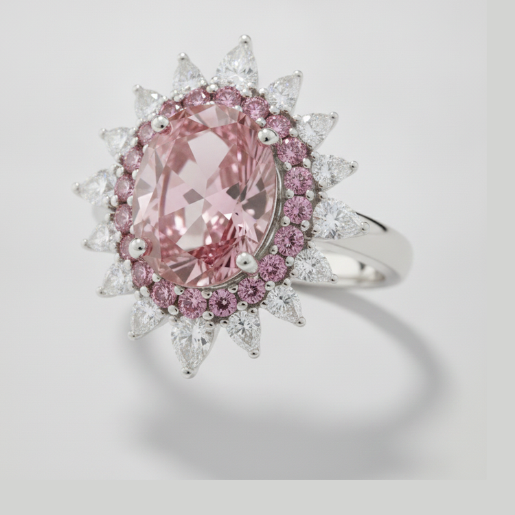 Bague de Fiançailles en Platine avec Pierre Précieuse Rose Véritable et Demi-Halo de Diamant Fantaisie Ovale