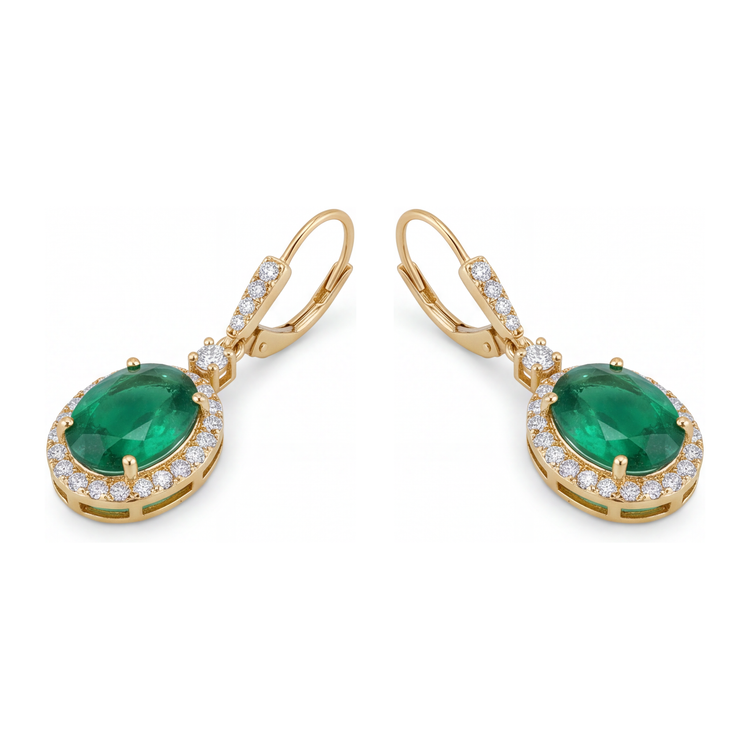 Boucles d'oreilles dormeuses émeraude verte de laboratoire 3,5 carats halo ovale en or jaune 14 carats