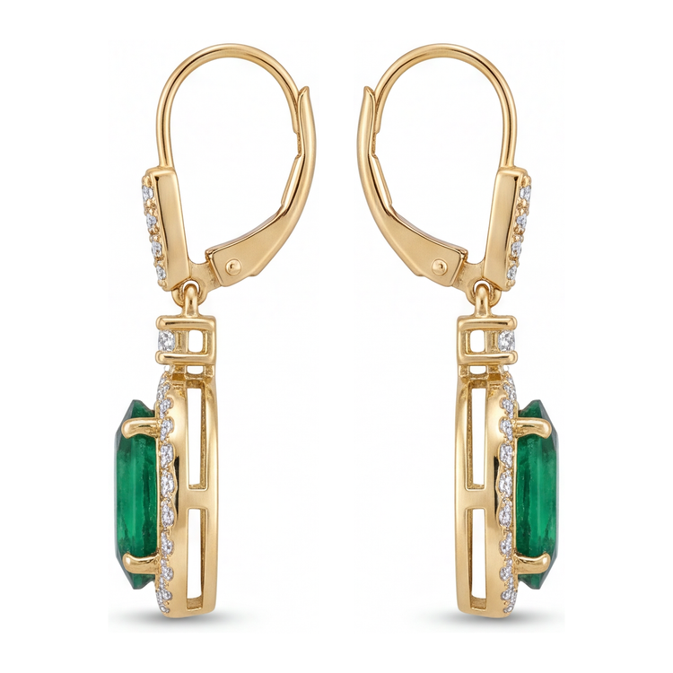 Boucles d'oreilles dormeuses émeraude verte de laboratoire 3,5 carats halo ovale en or jaune 14 carats