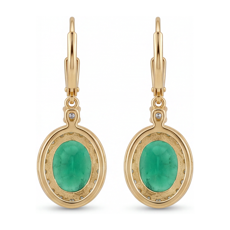 Boucles d'oreilles dormeuses émeraude verte de laboratoire 3,5 carats Halo ovale en Or Jaune 14 carats