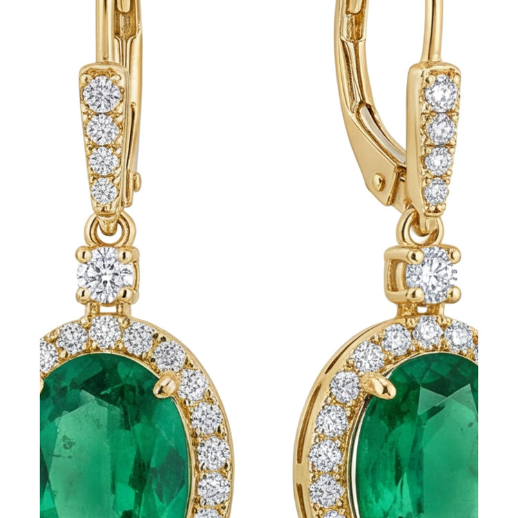 Boucles d'oreilles dormeuses émeraude verte de laboratoire 3,5 carats Halo ovale en Or Jaune 14 carats