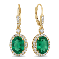 Boucles d'oreilles dormeuses émeraude verte de laboratoire 3,5 carats halo ovale en or jaune 14 carats