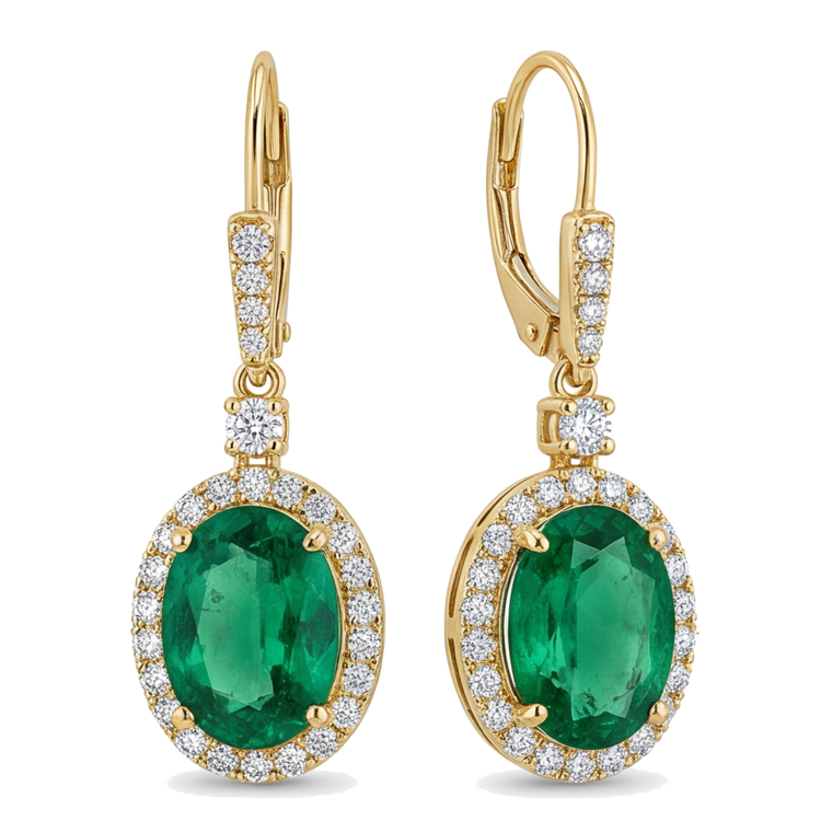 Boucles d'oreilles dormeuses émeraude verte de laboratoire 3,5 carats halo ovale en or jaune 14 carats