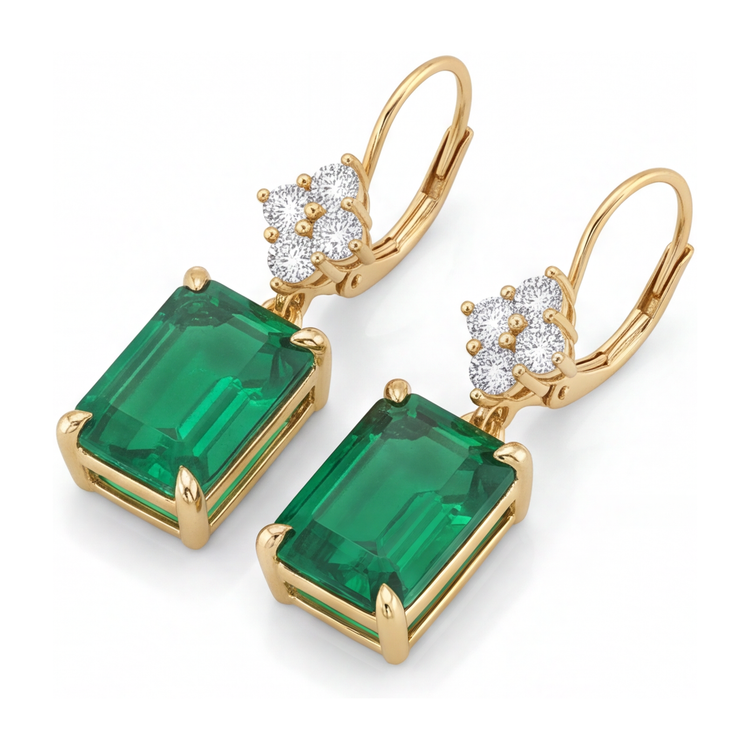 Boucles d'oreilles dormeuses en grappe en émeraude verte de laboratoire 4,5 carats Taille Émeraude en Or Jaune 14K
