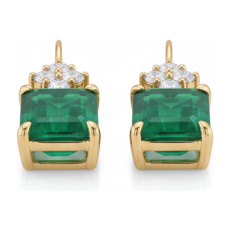 Boucles d'oreilles dormeuses en grappe en émeraude verte de laboratoire 4,5 carats Taille Émeraude en Or Jaune 14K