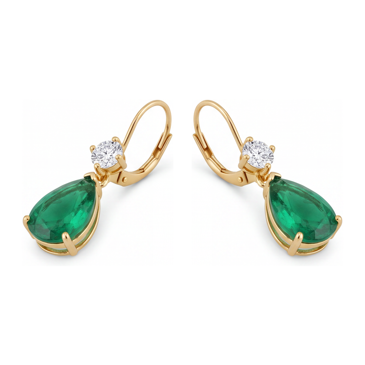 Boucles d'oreilles dormeuses émeraude verte de laboratoire 4,5 carats, poire et sommet rond en Or Jaune 14 carats