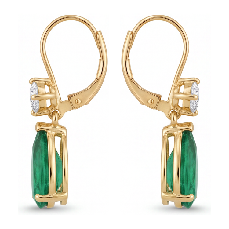 Boucles d'oreilles dormeuses en émeraude verte de laboratoire 4,5 carats, taille poire et dessus rond, en Or Jaune 14K