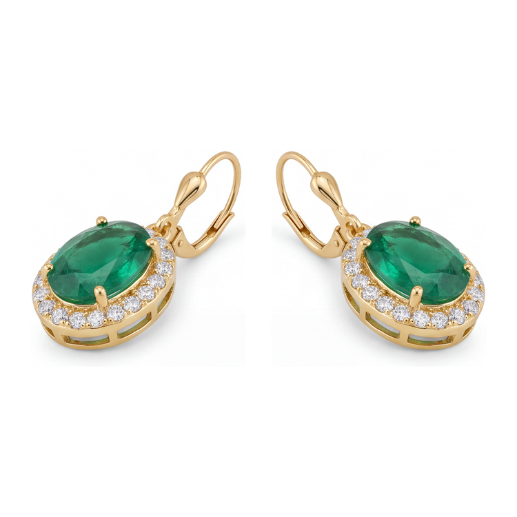 Boucles d'oreilles dormeuses halo émeraude verte ovale 4,5 carats de laboratoire en or jaune 14 carats