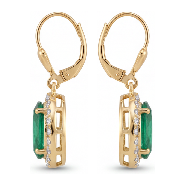 Boucles d'oreilles dormeuses halo émeraude verte ovale 4,5 carats de laboratoire en or jaune 14 carats