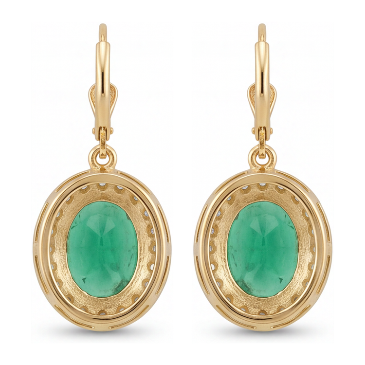 Boucles d'oreilles dormeuses halo avec émeraude verte ovale de laboratoire 4,5 carats en or jaune 14K