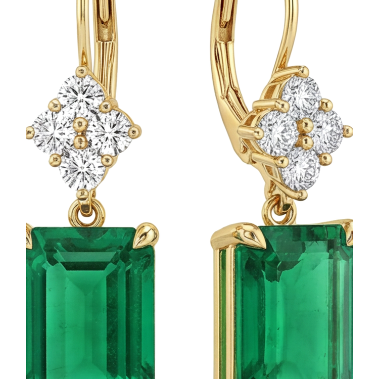 Boucles d'oreilles dormeuses en grappe émeraude verte 4,5 carats de laboratoire Taille Émeraude en Or Jaune 14K