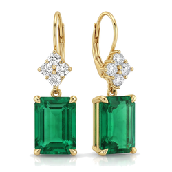 Boucles d'oreilles dormeuses en grappe en émeraude verte de laboratoire 4,5 carats Taille Émeraude en Or Jaune 14K